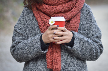 printed pashmina shawl - woman holding coffee