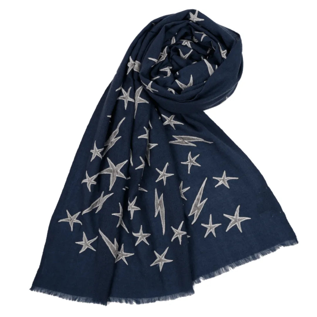 Blue Pashmina Stole with Grey Velvet Stars