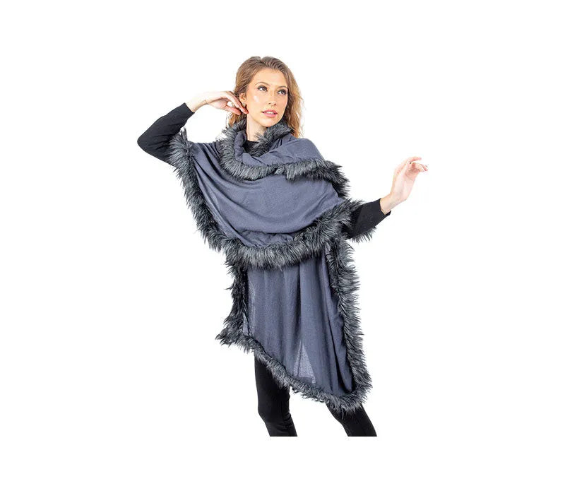 Pure Pashmina Cashmere Shawl with Fur Trim - TCG London