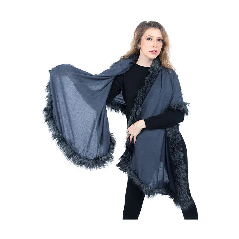 Cashmere Pashmina Shawl | 100% Pure with Fur Trim