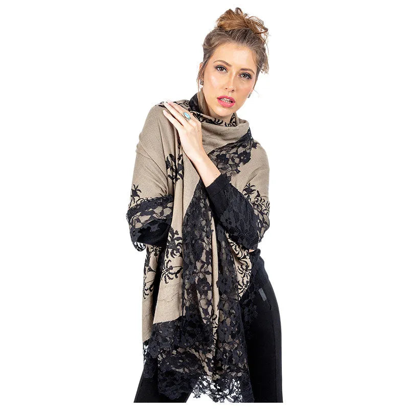 Cream Embroidered Pashmina Cashmere Shawl - TCG London