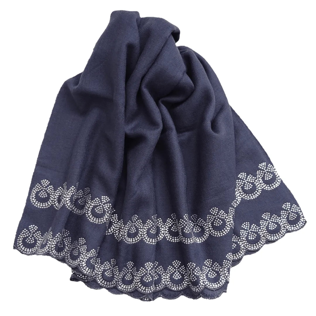 Petrol Blue Large Pashmina Shawl with Crystal Beads Border Media