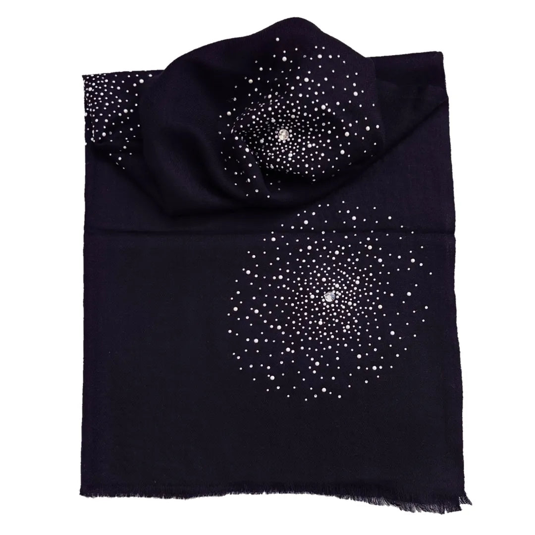 Black Large Pashmina Shawl with Crystal Beads Burst Design