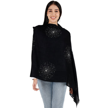 Black Large Pashmina Shawl with Crystal Beads Burst Design