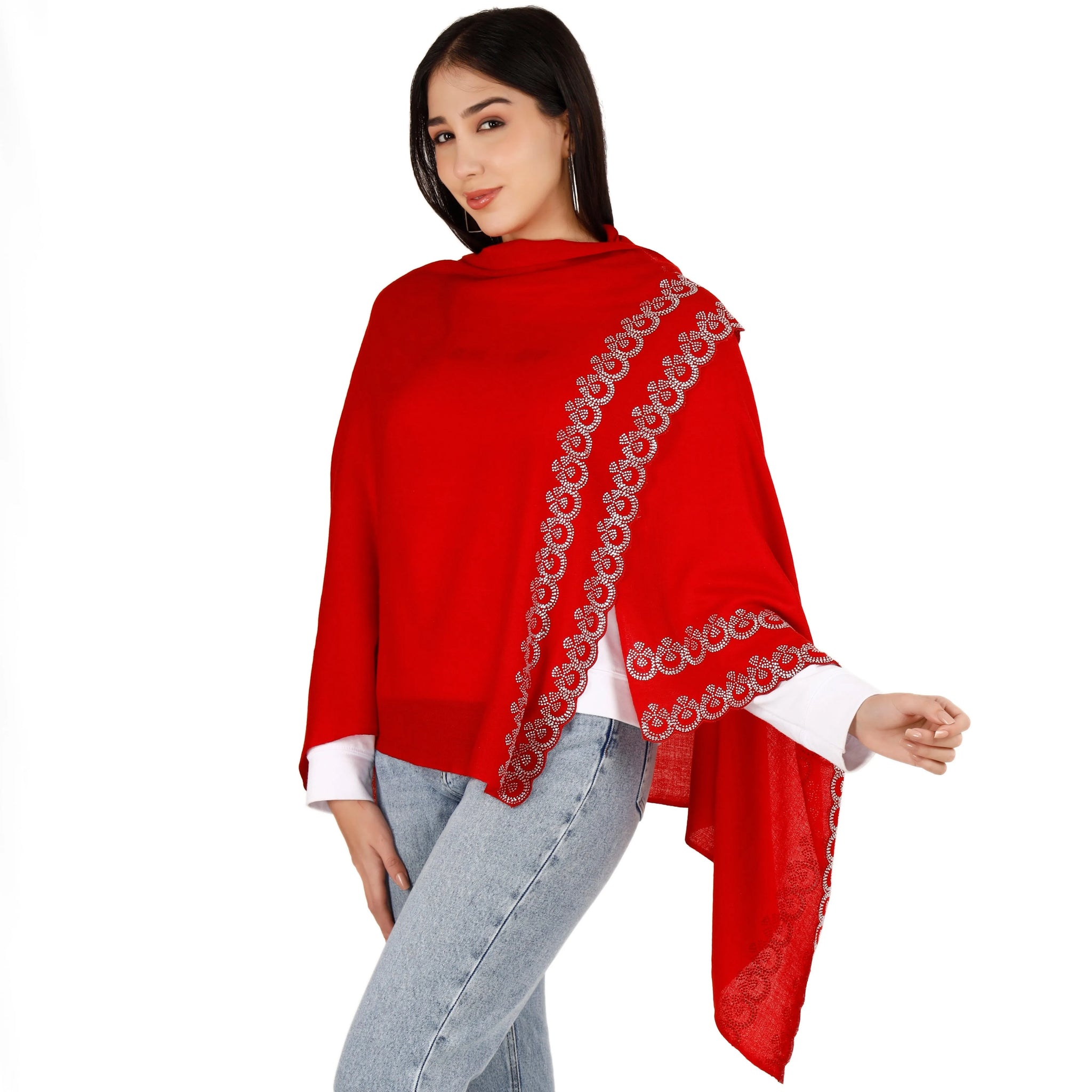 Red Large Pashmina Shawl with Crystal Beads Border Media