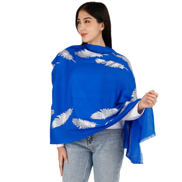 Blue Pashmina Stole with Feathers and Beads