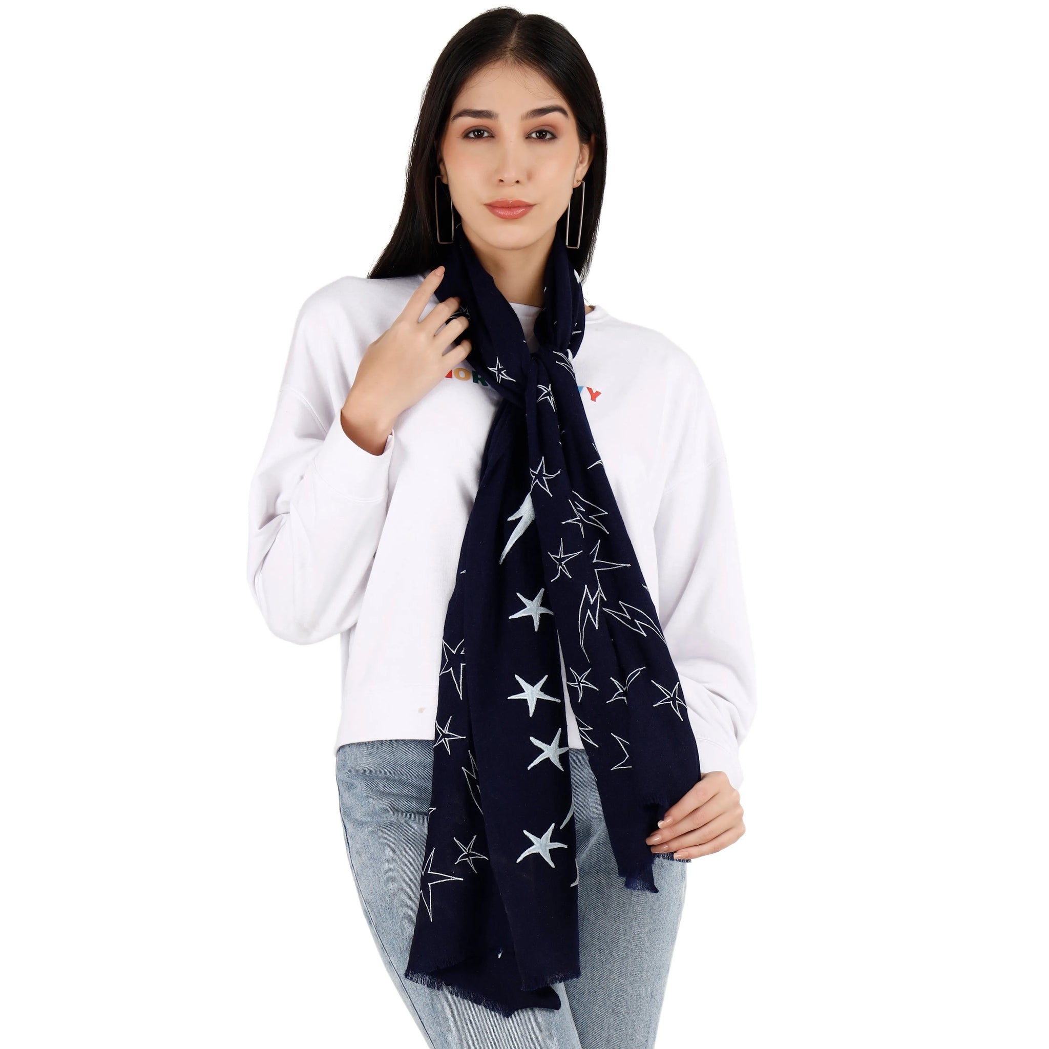 Black Pashmina Stole with White Velvet Stars