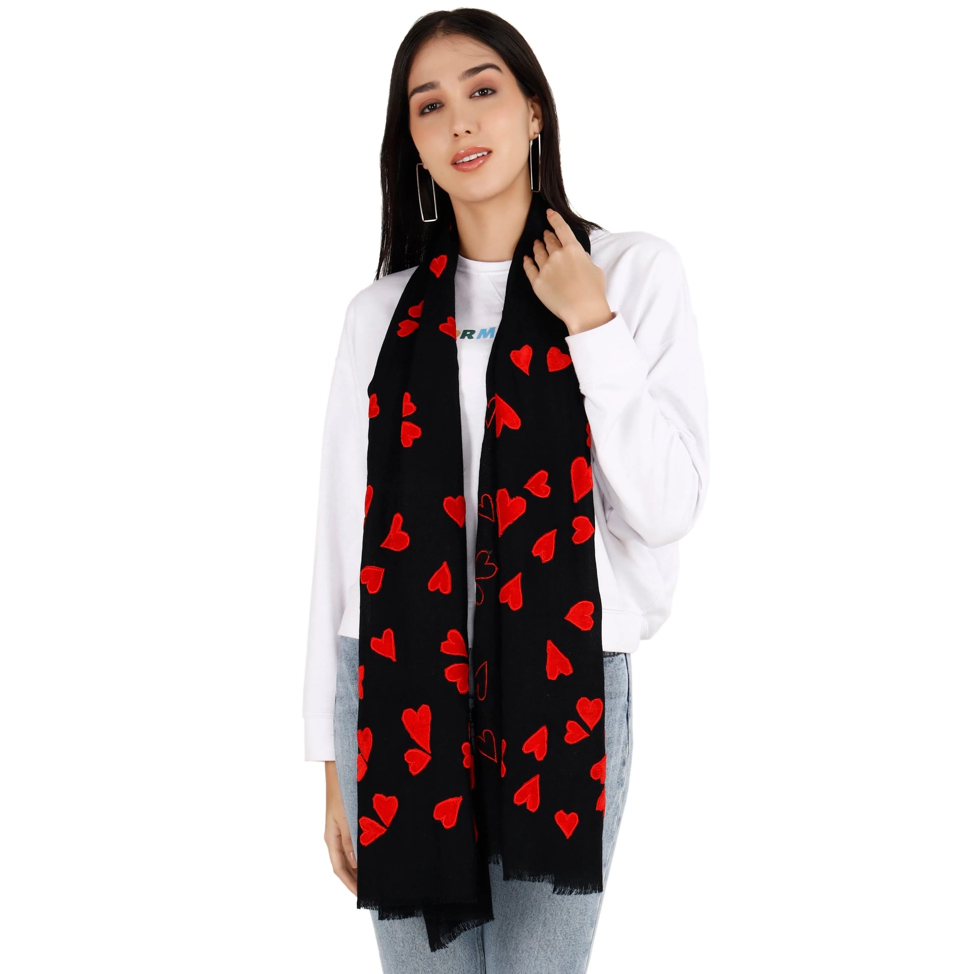 Black Pashmina Stole with Red Velvet Hearts