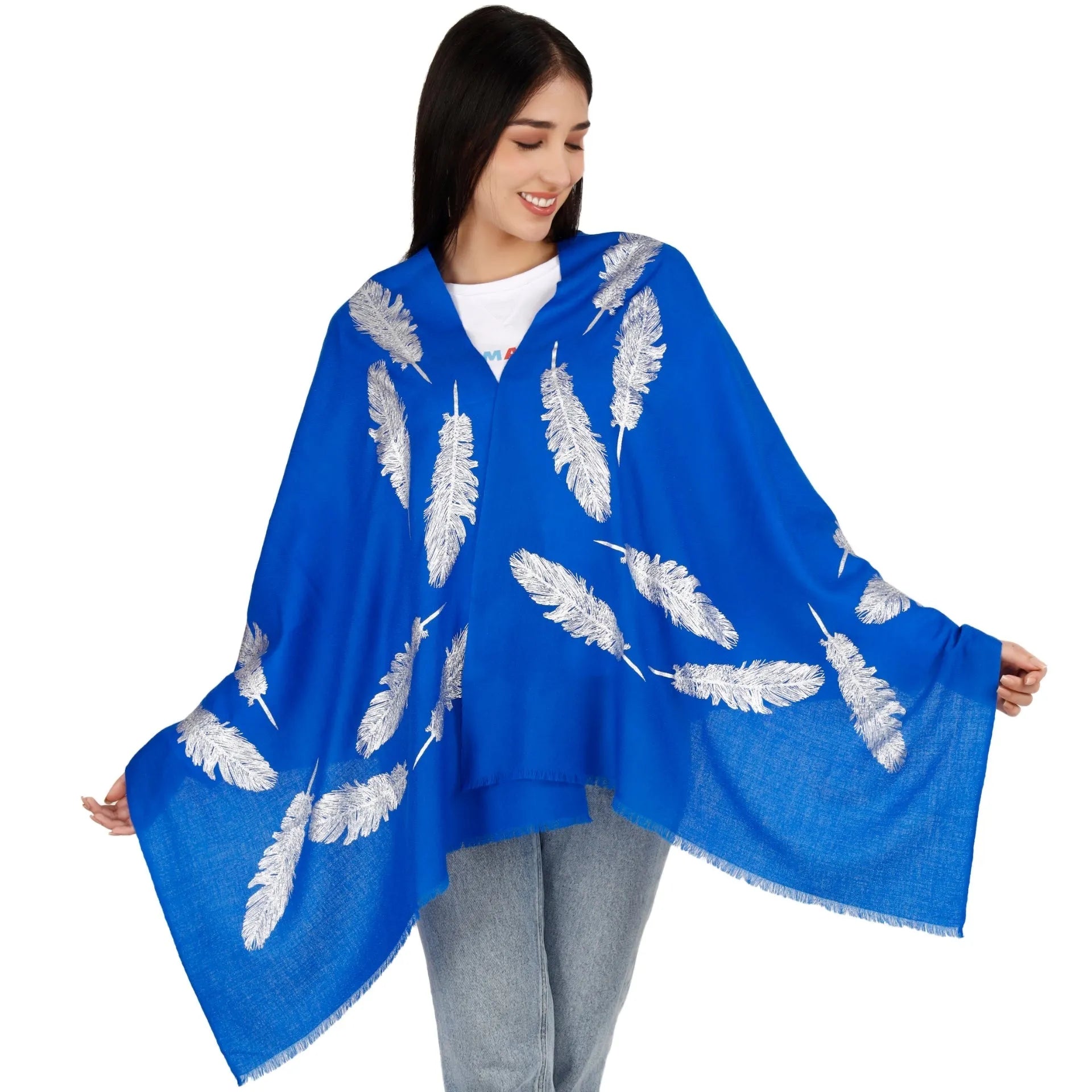 Blue Pashmina Stole with Feathers and Beads