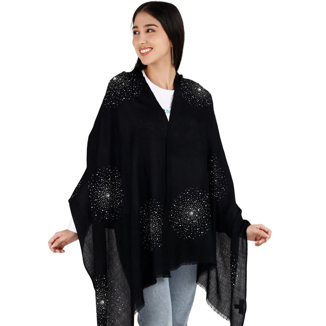 Black Large Pashmina Shawl with Crystal Beads Burst Design