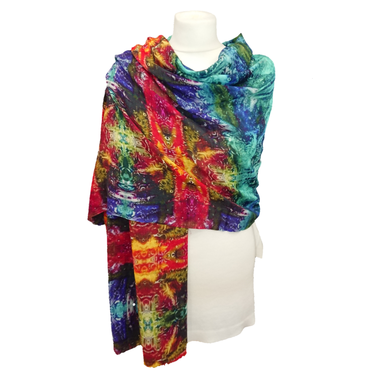 Fine Pashmina Stole - Large Scarf - Blues and Red Abstract Print