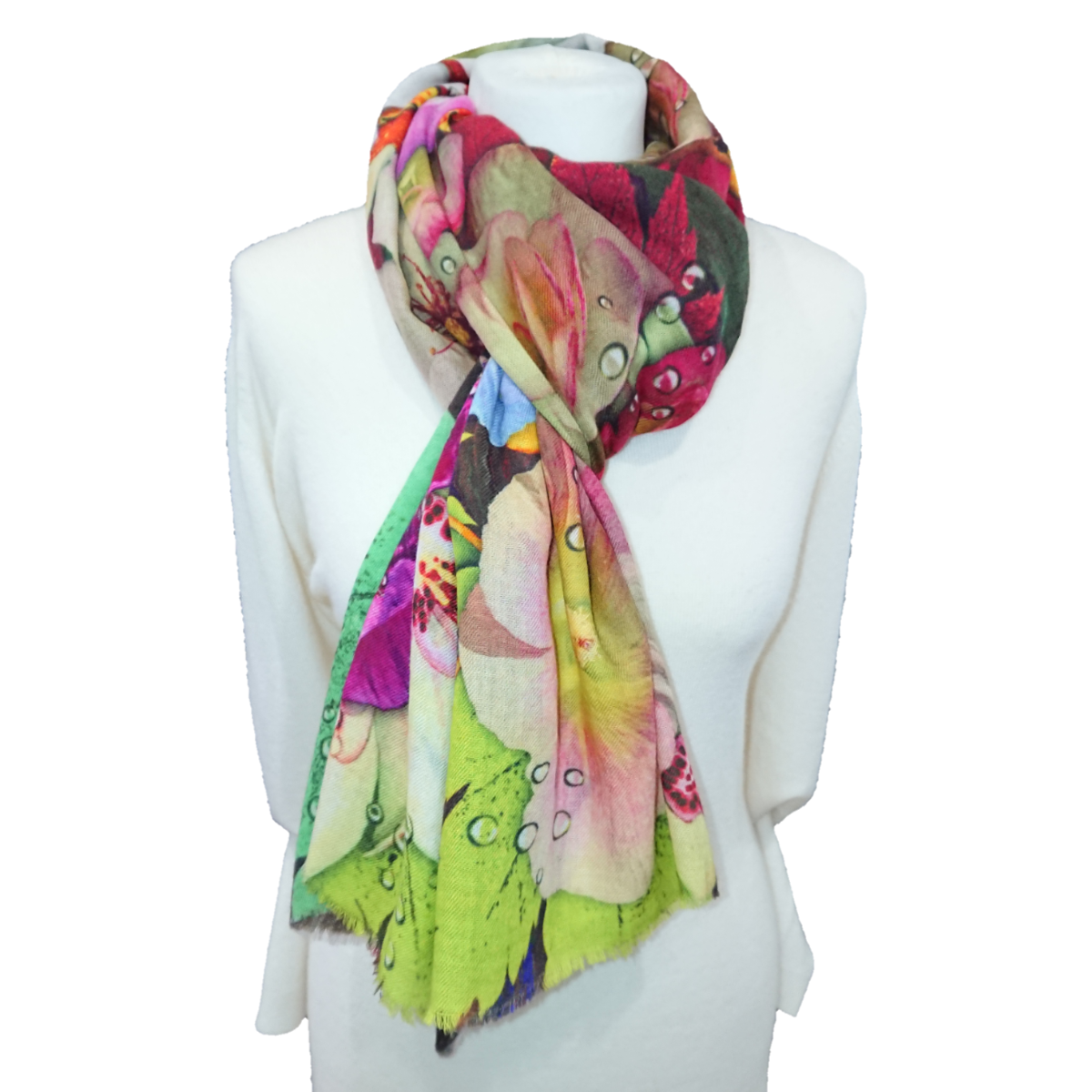 Fine Pashmina Stole - Large Scarf - Morning Dew Flowers Print