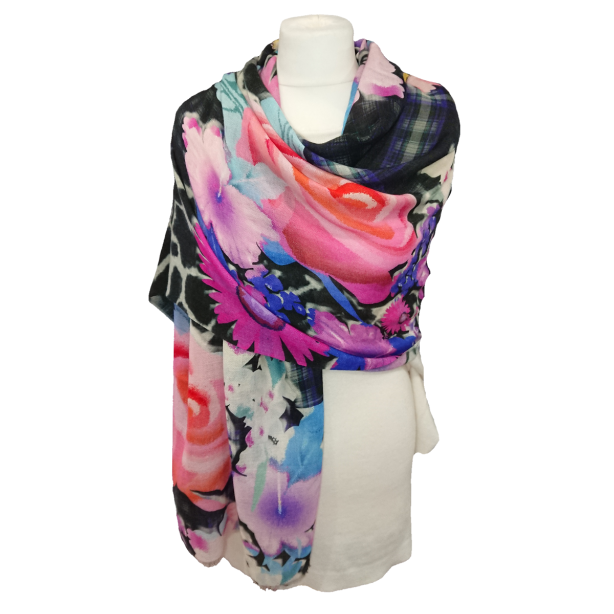 Ltd Edition 100% Pure Pashmina Cashmere Stole - Large Scarf - Pink and Blue Flowers Print