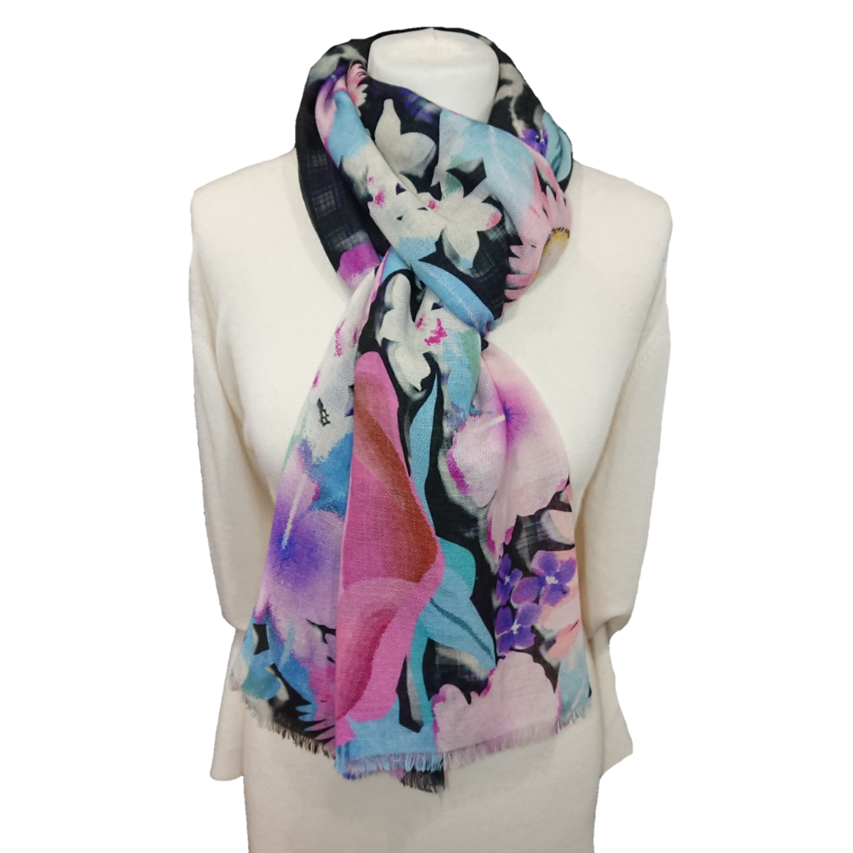 Ltd Edition 100% Pure Pashmina Cashmere Stole - Large Scarf - Pink and Blue Flowers Print