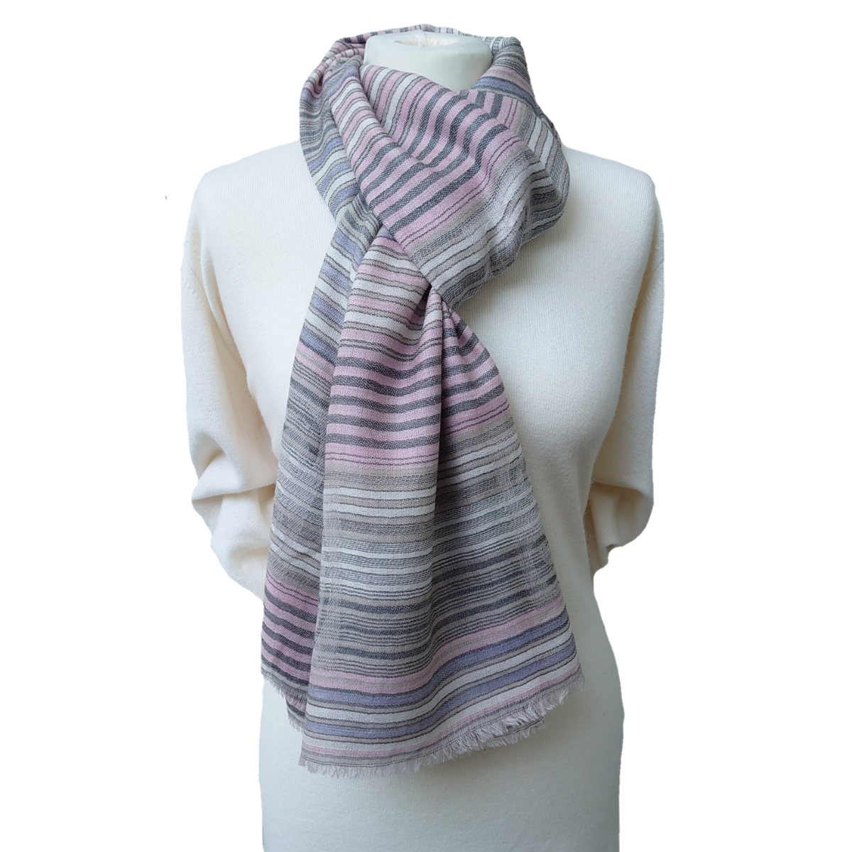 Fine Pashmina Stole - Large Scarf - Grey and Pink Stripes with Paisley Design
