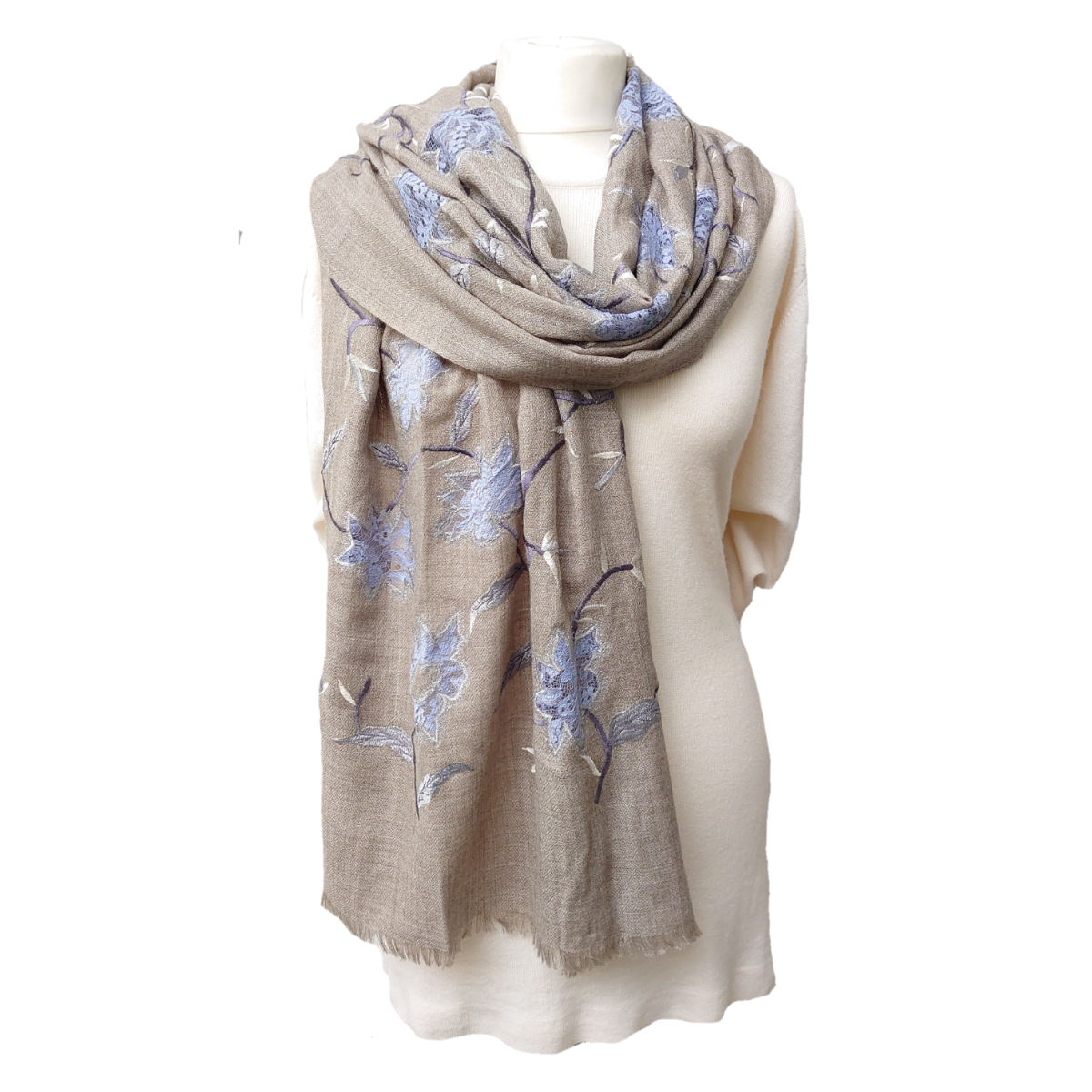 100% Pure Pashmina Cashmere Stole - Large Scarf With Flowers Embroidery