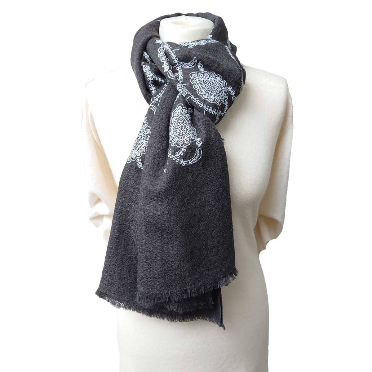 Fine Pashmina Stole - Large Scarf - Dark Grey with White Embroidered Design
