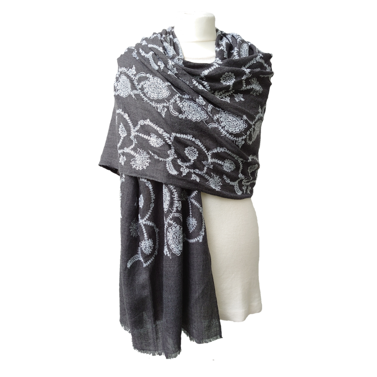 Fine Pashmina Stole - Large Scarf - Dark Grey with White Embroidered Design