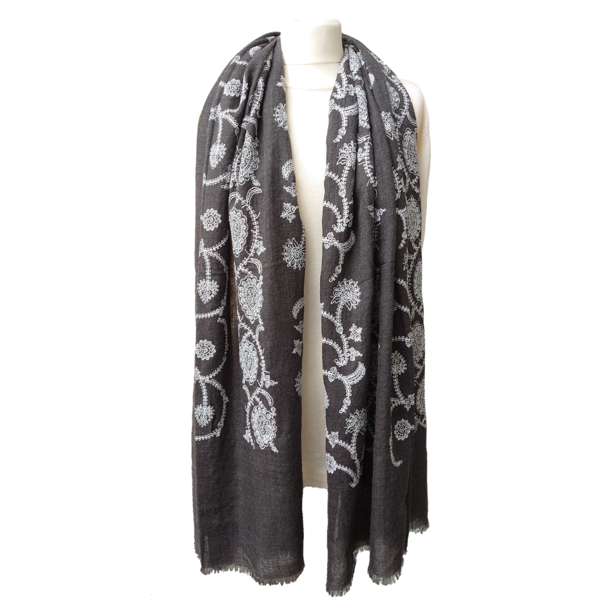 Fine Pashmina Stole - Large Scarf - Dark Grey with White Embroidered Design