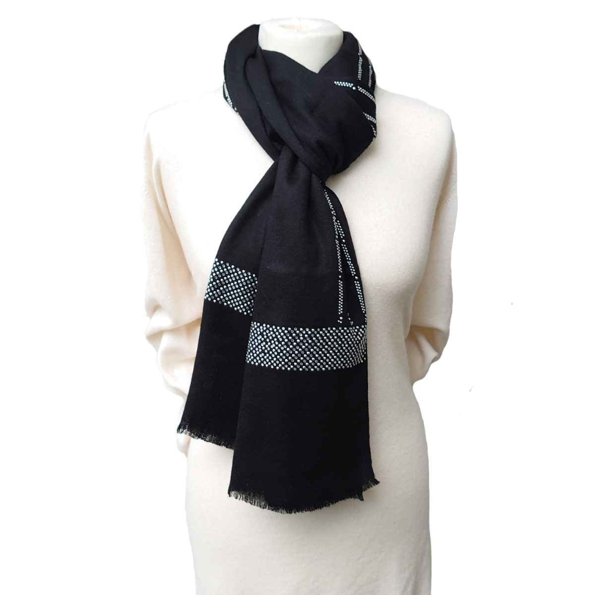 Ltd Edition Fine Pashmina Stole - Large Scarf With Hand-Applied Crystals - Black