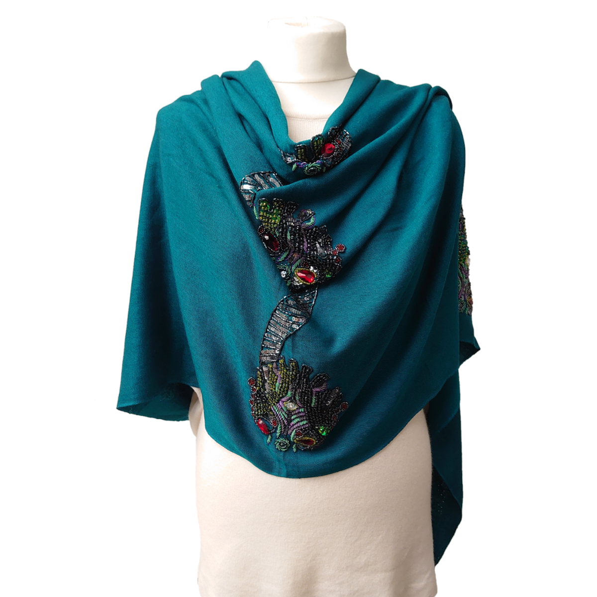 Exclusive Luxury Pashmina With Beaded Design - Teal