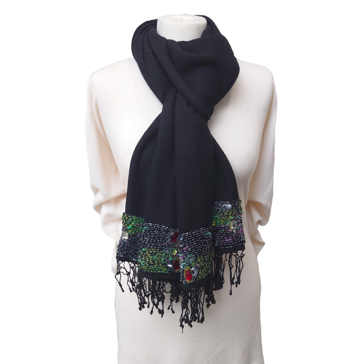 Exclusive Luxury Pashmina With Beaded Borders - Black