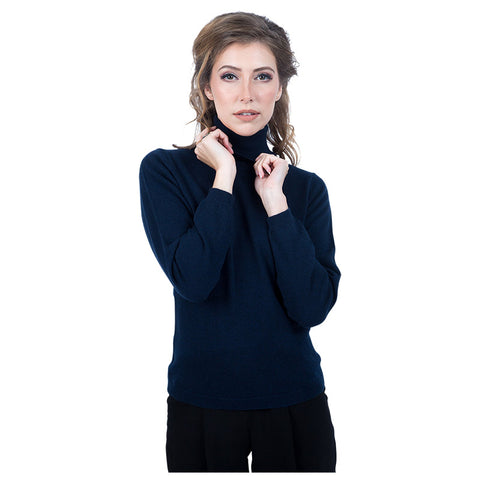 Ladies Classic Fit Roll Neck 100% Pure Cashmere Jumper - Midnight Navy Blue