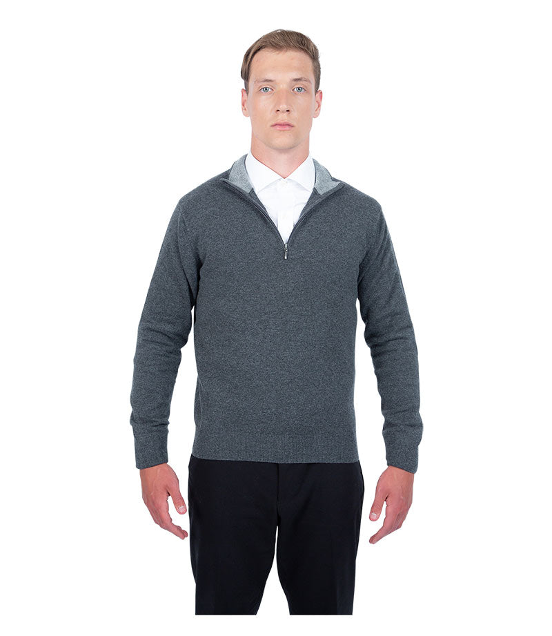 Men's Classic Fit Zip Neck 100% Pure Cashmere Jumper - Bezel Mid Grey