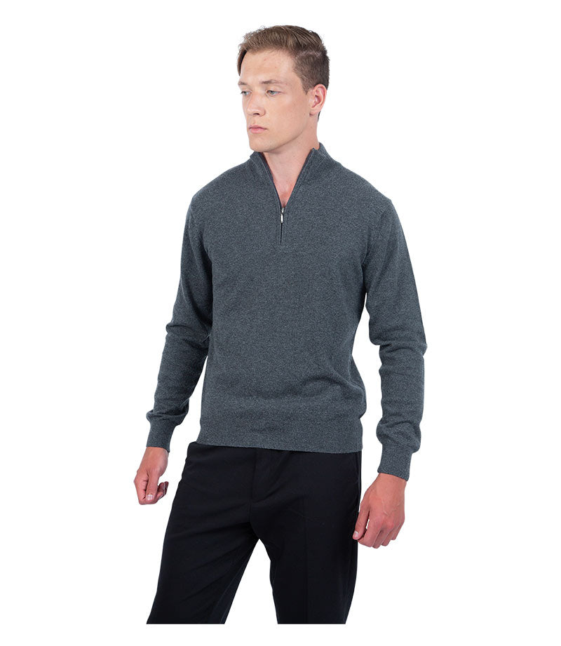 Men's Classic Fit Zip Neck 100% Pure Cashmere Jumper - Bezel Mid Grey