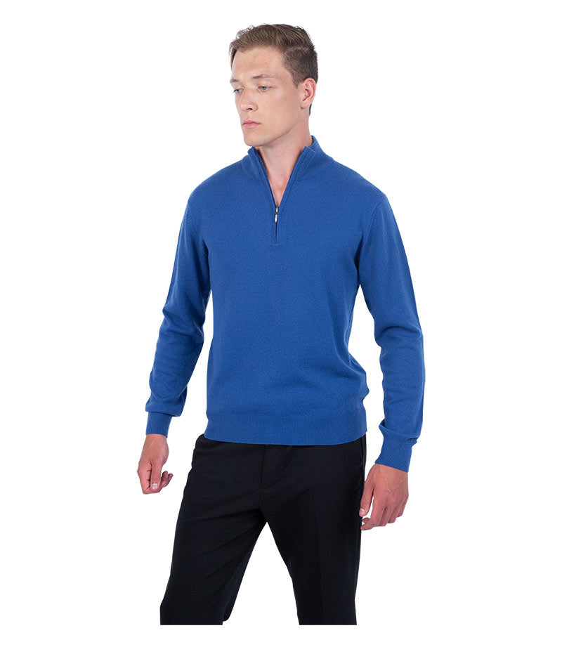Men's Classic Fit Zip Neck 100% Pure Cashmere Jumper - Prussian Blue