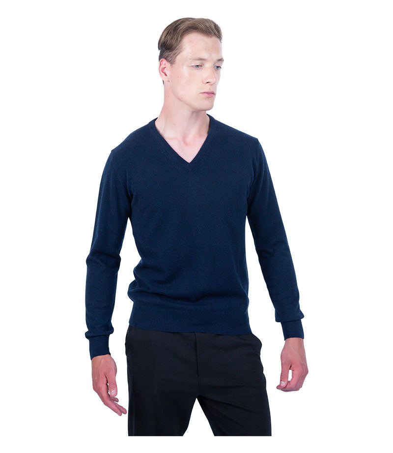 Men's Classic Fit V-Neck 100% Pure Cashmere Jumper - Midnight Navy Blue