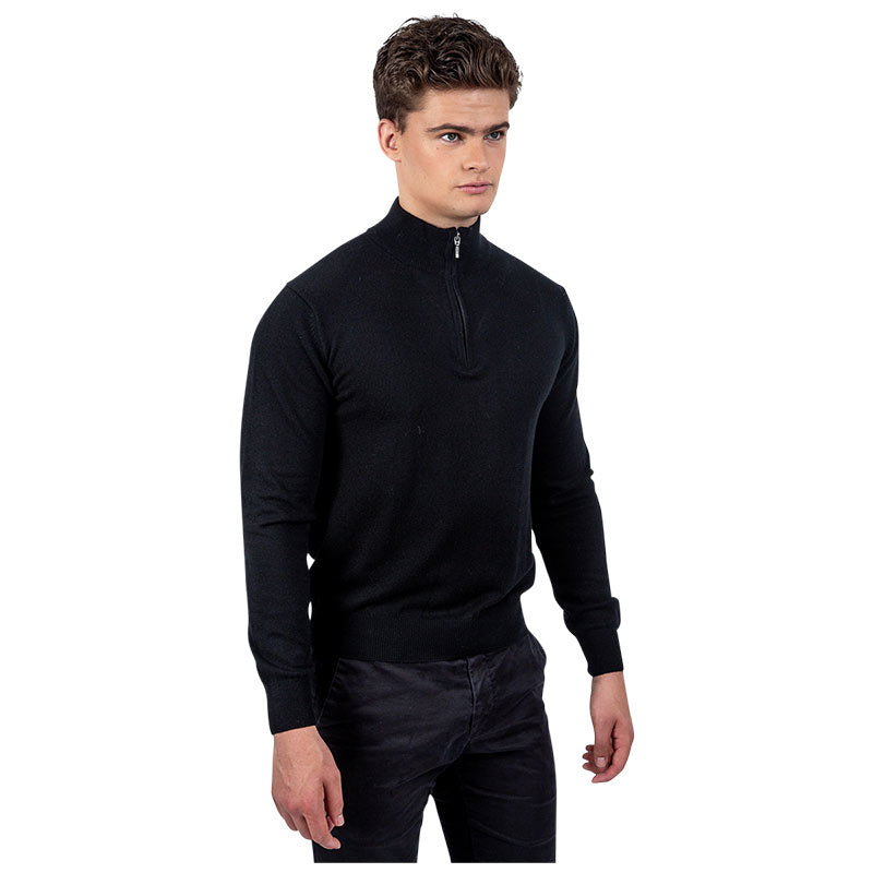 Men's Classic Fit Zip Neck 100% Pure Cashmere Jumper - Black