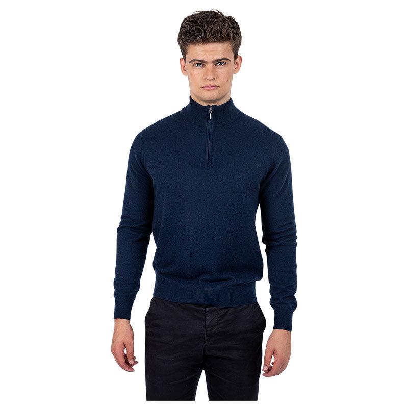 Men's Classic Fit Zip Neck 100% Pure Cashmere Jumper - Midnight Navy Blue