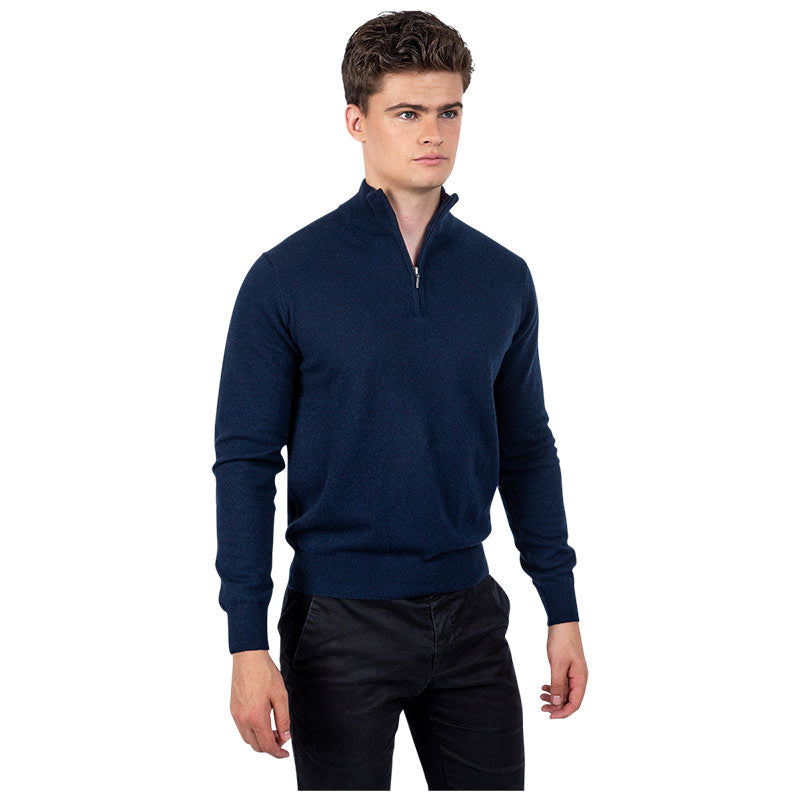 Men's Classic Fit Zip Neck 100% Pure Cashmere Jumper - Midnight Navy Blue
