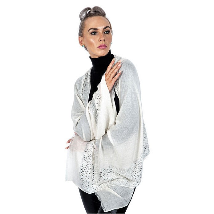 Exclusive, Limited Edition Luxury Pashmina Stole With Crystals - Off White-Silver