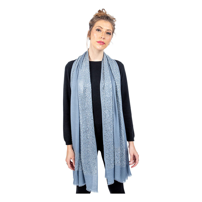 Exclusive, Limited Edition Luxury Pashmina Stole With Crystals - Light Petrol Blue-Silver