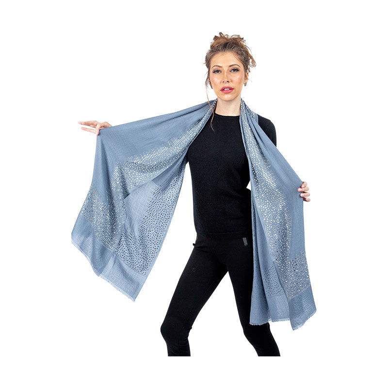 Exclusive, Limited Edition Luxury Pashmina Stole With Crystals - Light Petrol Blue-Silver