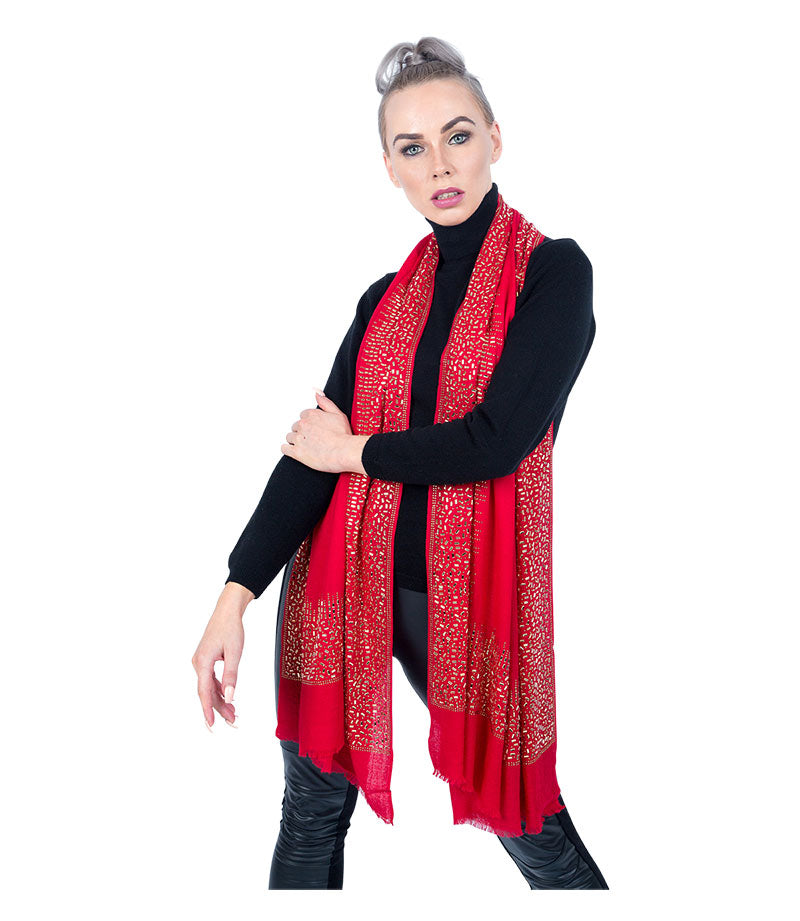 Exclusive, Limited Edition Luxury Pashmina Stole With Crystals - Red-Gold