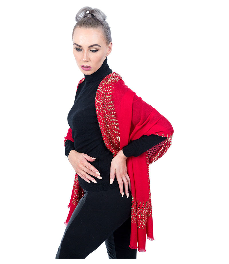 Exclusive, Limited Edition Luxury Pashmina Stole With Crystals - Red-Gold