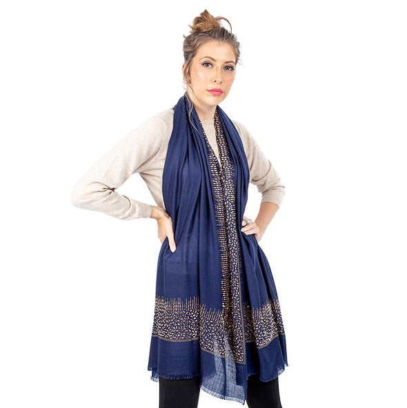 Exclusive, Limited Edition Luxury Pashmina Stole With Crystals - Navy Blue-Gold
