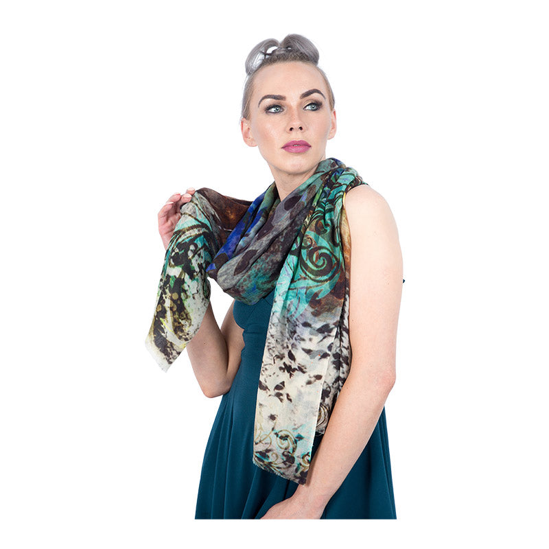 Fine Pashmina Stole - Large Scarf - Brown and White Abstract Print