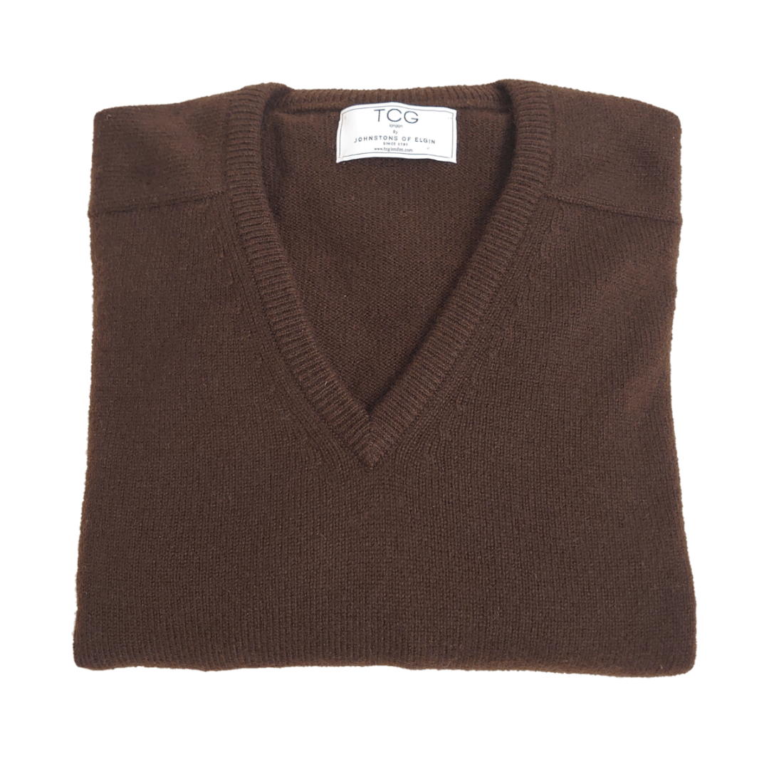 Men's Loose Fit, Saddle Shoulder V-Neck 100% Pure Cashmere Jumper - Turnback Cuffs - Dark Brown - M