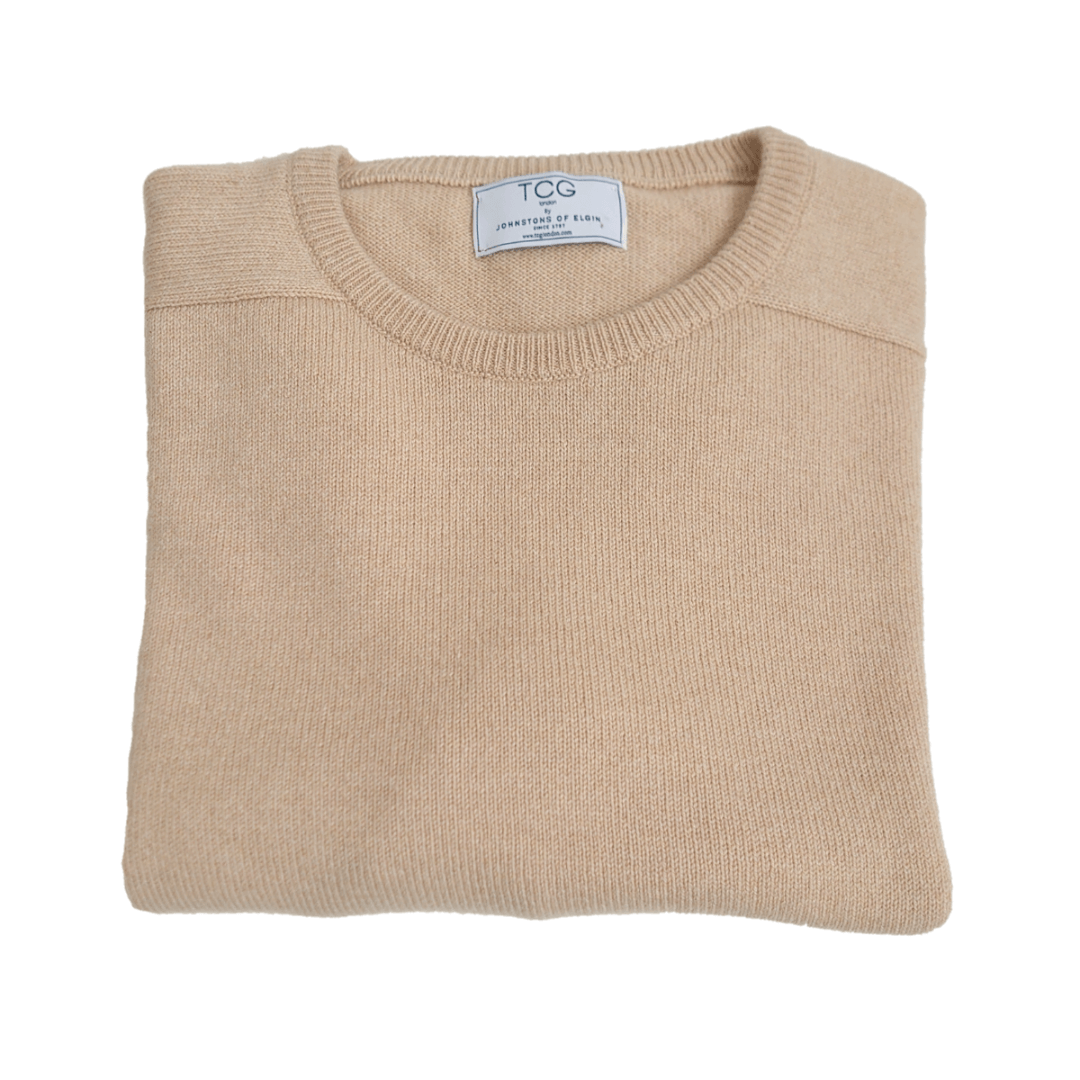 Men's Loose Fit, Saddle Shoulder Round Neck 100% Pure Cashmere Jumper - Turnback Cuffs- Natural - XL
