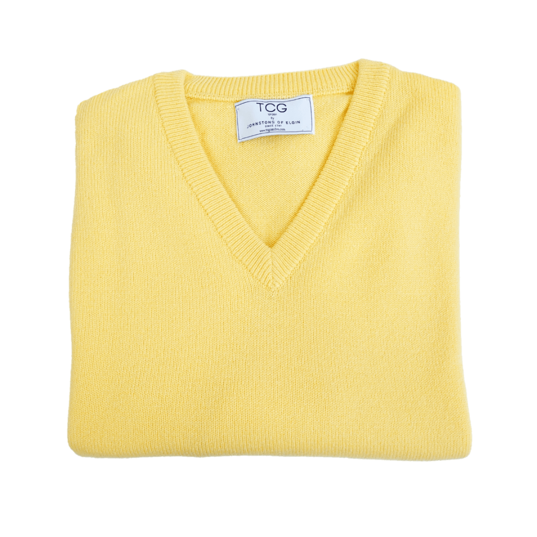 Men's Relaxed Fit V-Neck 100% Pure Cashmere Jumper - Yellow - M