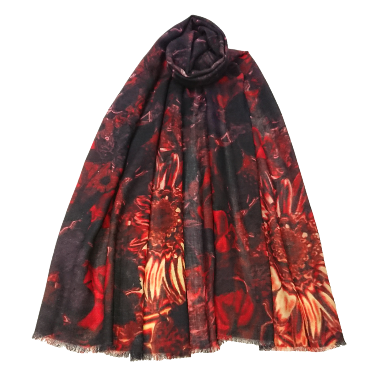 Ltd Edition 100% Pure Pashmina Cashmere Stole - Large Scarf - Black With Red Flowers Print