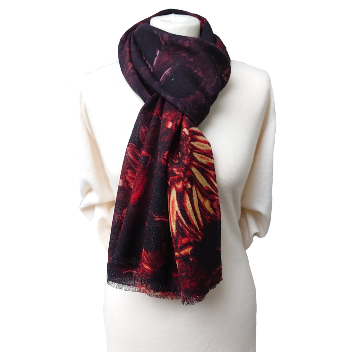 Ltd Edition 100% Pure Pashmina Cashmere Stole - Large Scarf - Black With Red Flowers Print