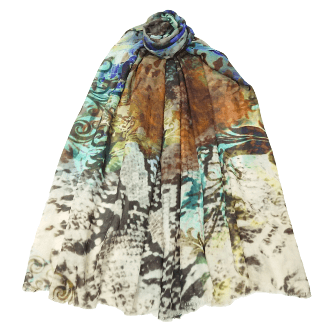 Fine Pashmina Stole - Large Scarf - Brown and White Abstract Print