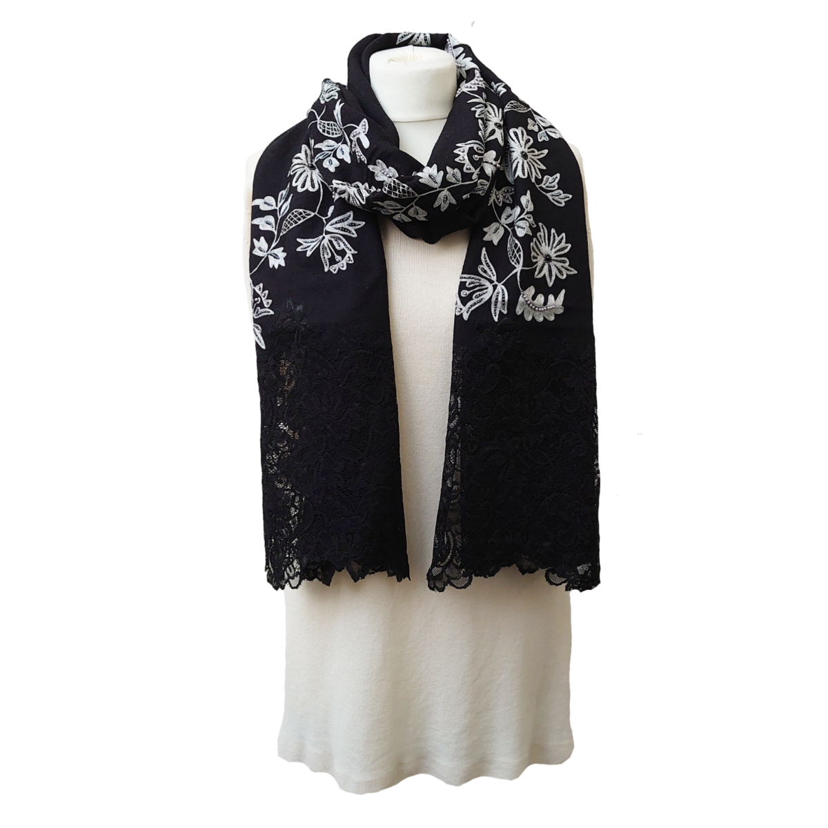 Exclusive, Ltd Edition Pashmina Stole With Embroidery, Beads and Lace - Black-White