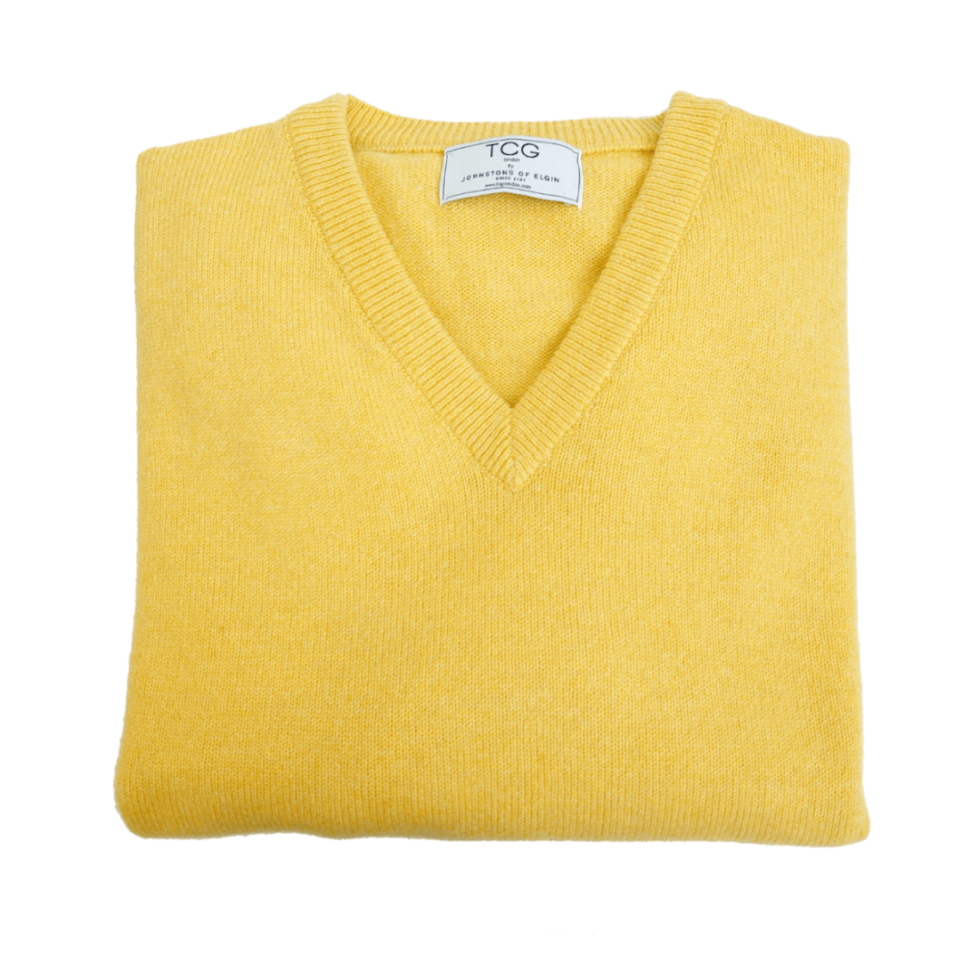 Men's Relaxed Fit V-Neck 100% Pure Cashmere Jumper - Pale Mustard Melange - L