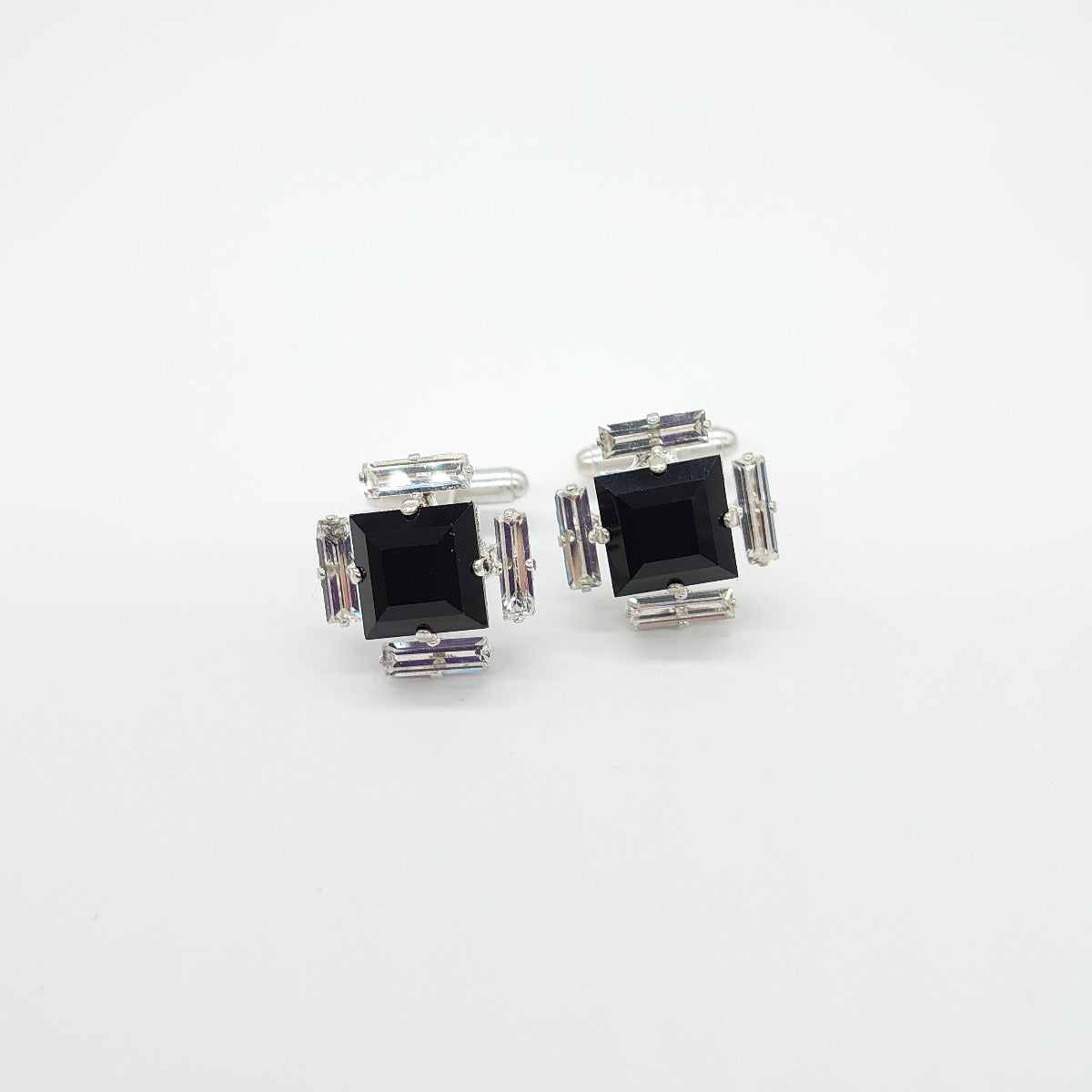 Baguette Surround Square Cufflinks - Jet-Clear - Swarovski Crystals